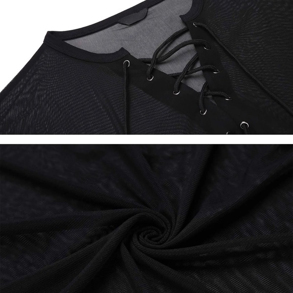 COOFANDY | Black V-Neck Lace Tie Mesh Pullover Stretch Fit Men’s Shirt - Picture 5 of 9